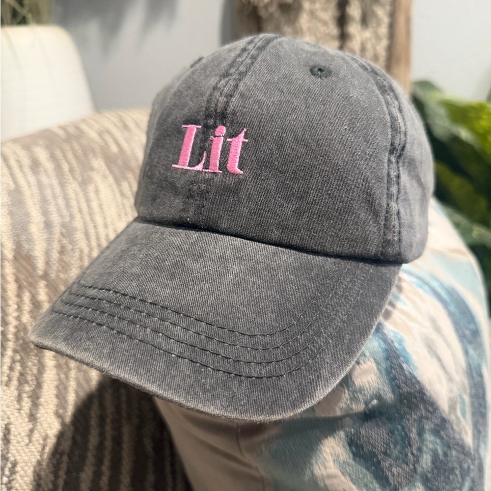 Embroidered “Lit” Baseball Cap Pink on Charcoal - O/S
